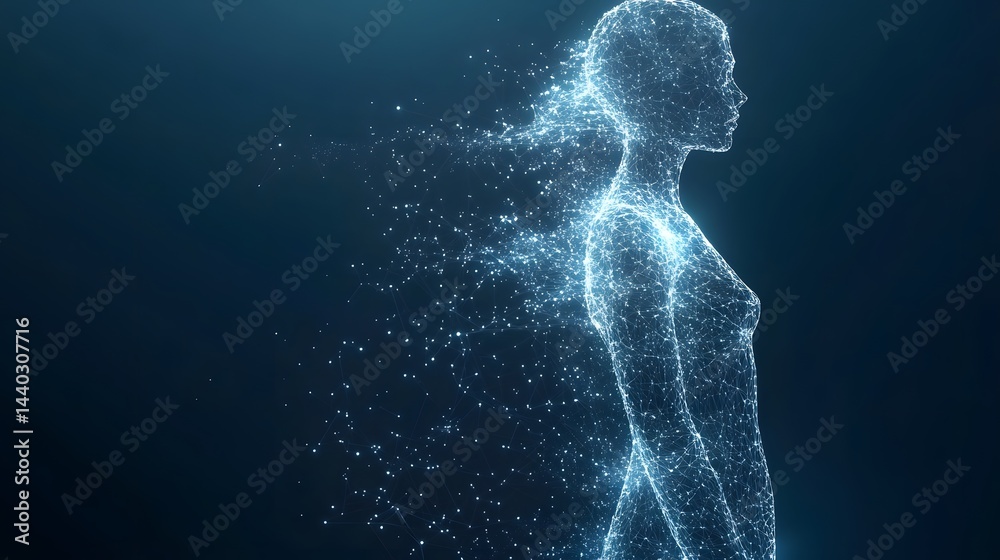 Poster luminous female figure formed by connected particles in blue, dissolving against a dark backdrop. a 