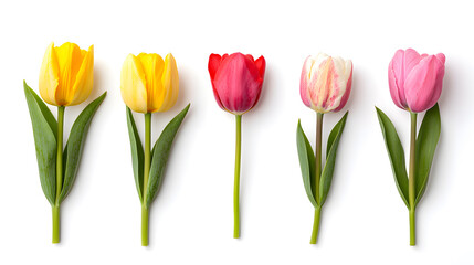 Fototapeta premium Collection of fresh colorful tulip flowers bouquet isolated on white background