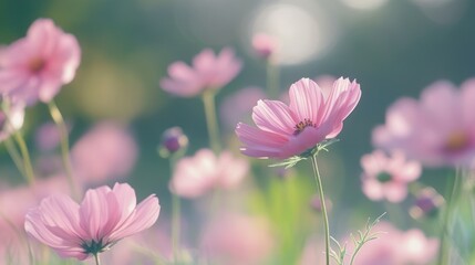 Fototapeta premium Gentle pink cosmos flowers in soft sunlight.