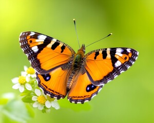 Fototapeta premium Vibrant orange butterfly with black and white markings, perched on delicate white flowers against a soft green background
