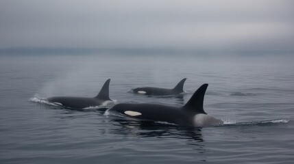 Fototapeta premium Orca Trio: Misty Ocean Surface, Subtle Wake, Coastal Wildlife