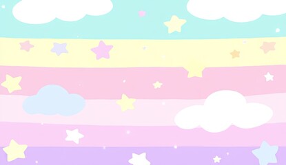 Pastel rainbow stripes, stars, clouds, cute background