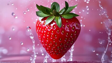 Fresh Strawberry Splashing in Water Against a Pink Background