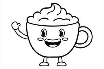 Laughing latte cup with whipped cream hair and little waving hands icon logo