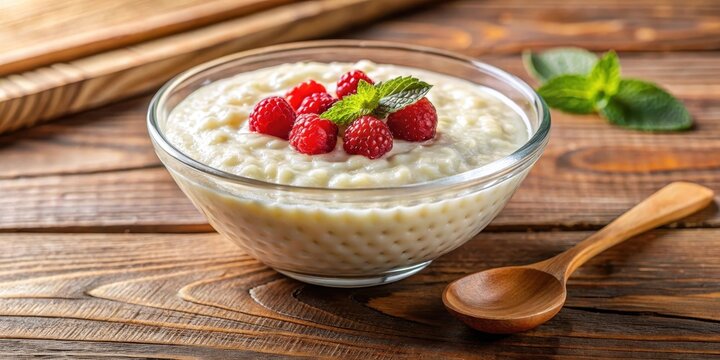 Creamy tapioca pudding in a shallow bowl on a wooden table, macro food, sweet,  macro food, sweet