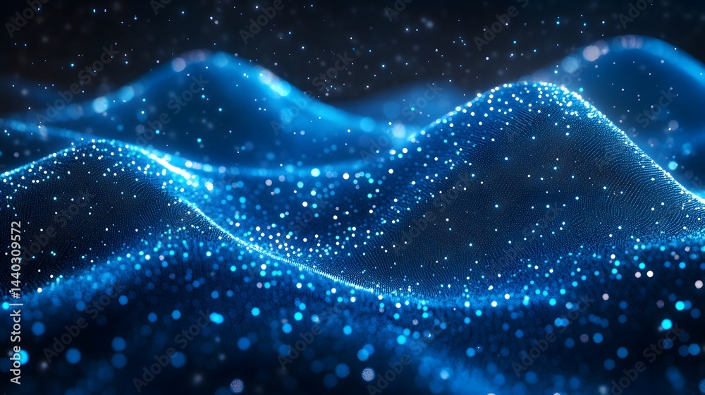 Poster digital landscape with glowing blue and white dots forming hills and waves. soft light creates depth