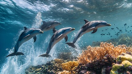 Obraz premium Exciting scene group of dolphins leaping through waves above vibrant coral reef capturing the playful nature of ocean mammals and the richness of marine life cut out on isolated transparent background