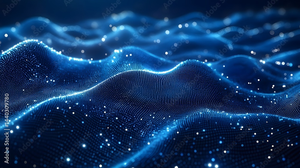 Fototapete dynamic blue waves rendered with granular dots and scattered luminous points create a sense of depth