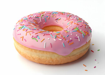 Delicious Pink Frosted Donut with Colorful Sprinkles on White Background