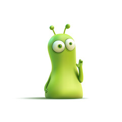 3D friendly green monster character, alien on white background. For concepts of fiction, viruses, and extraterrestrial life. Childhood, toy, icon. Vector illustration.