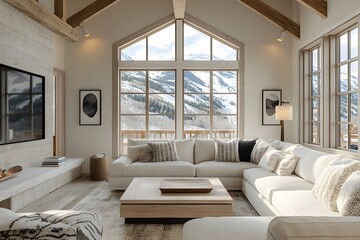 3D model of a cozy living room with beach vibes, light and airy