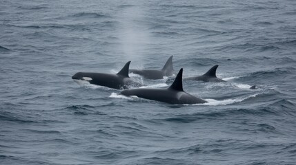 Fototapeta premium Orca Pod Surface Breaths, Ocean Spray, Antarctic Waters