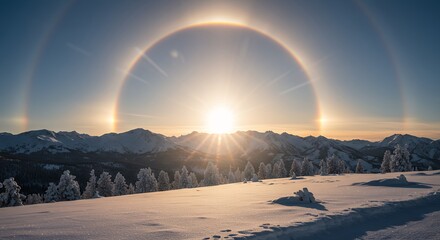 Winter sunrise over snowy mountain range with halo