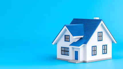 3d white house with a blue roof model for real estate isolated on blue background