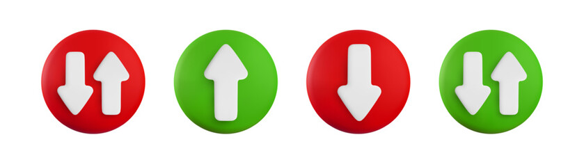 Vector cartoon 3d arrow button set. Cute realistic up, down and oncoming direction white arrows sign on green and red circle. 3d render plastic navigation direction icon for infographic, app, game.