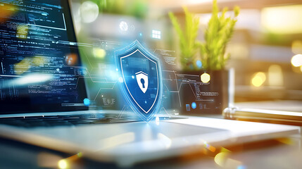 Cybersecurity measures implemented on laptops office environment digital innovations modern technology close-up view