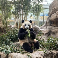 Obraz premium Contentment of a giant panda feasting on bamboo.