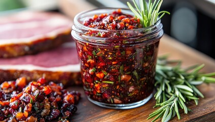 Homemade cranberry relish in jar with sliced meat