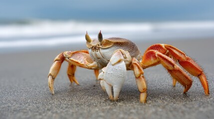 Close-up of Orange Shore Crab with Shell on Sandy Beach