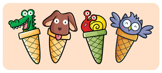 Funny crocodile, dog, snail, and owl in the ice cream cone cartoon illustration