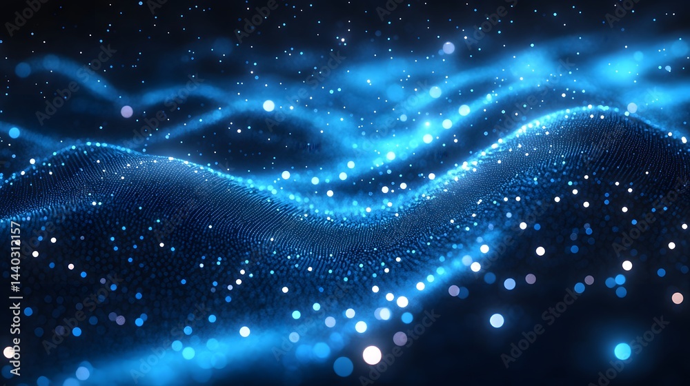 Poster Abstract digital landscape, sparkling with blue and white dots, evokes a data visualization. Bokeh orbs add depth to this textured, wave-like surface. Abstract wireframe in dark blue