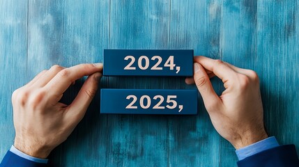 A businessman showcasing a loading bar with "2024," while another hand emphasizes "2025," representing the goals for the new year