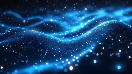 Abstract digital landscape, sparkling with blue and white dots, evokes a data visualization. Bokeh orbs add depth to this textured, wave-like surface. Abstract wireframe in dark blue