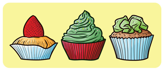 Yummy red and green cupcakes cartoon illustration set