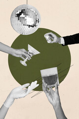 3d sketch image vertical collage of hands hold cognac glass martini olive cocktail beverage alcohol weekend chill disco ball event