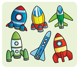 Funny colorful rocket cartoon illustration set