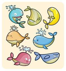Funny and cute whales in many expression cartoon illustration set