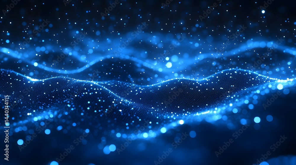 Aufkleber Dynamic abstract scene with blue and white light. A wavy, dotted surface and blurry light orbs create depth and energy. Reminiscent of a digital or celestial landscape. Abstract wireframe in dark blue
