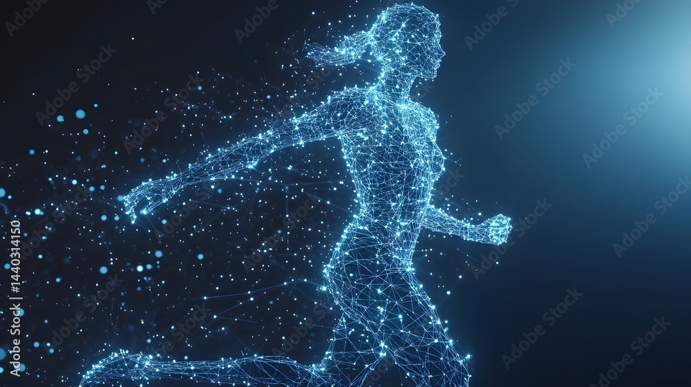 Aufkleber futuristic digital art showcasing a running woman composed of vibrant blue lines and dots, symbolizi