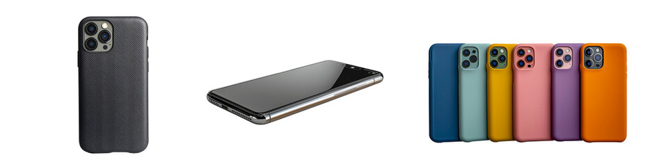 A collection of smartphone and colorful protective cases isolated on a transparent background.