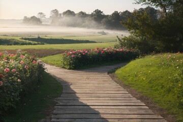 Obraz premium Serene Morning Pathway Through Dewy Garden with Vibrant Flower Beds and Misty Landscape in Soft Morning Light