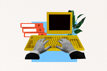 Contemporary artwork collage of hands type wireless keyboard pc monitor screen programming office...