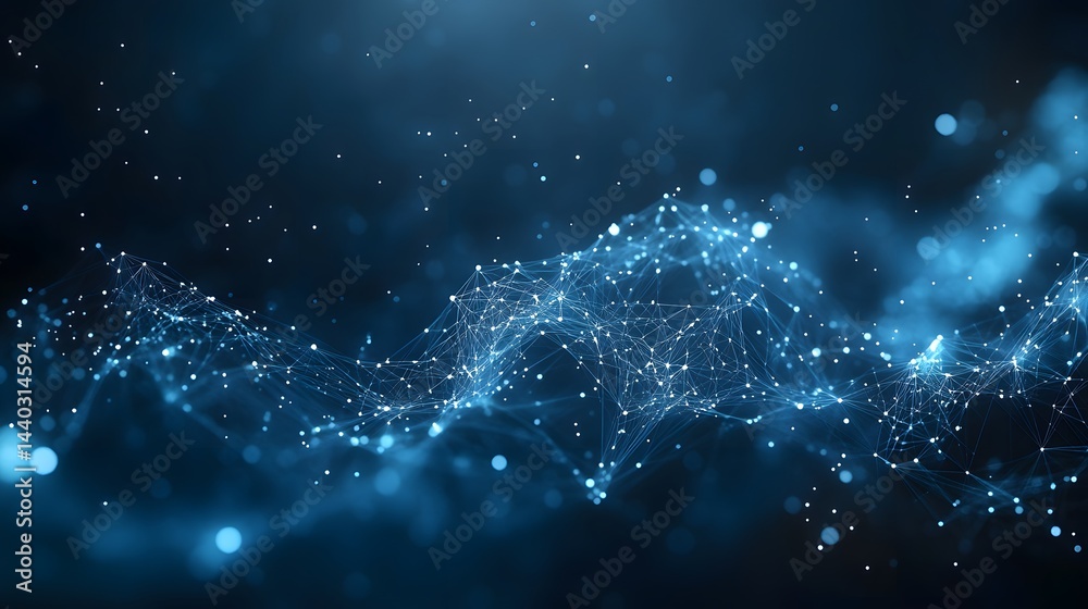 Fototapete Intricate network of white dots and lines against dark blue. Evokes data connectivity and advanced tech. Perfect for science, innovation. Abstract wireframe in dark blue