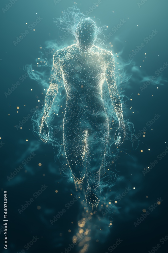 Poster Glowing digital human silhouette formed by particles and light representing futuristic technology, artificial intelligence and virtual data visualization, Generative AI