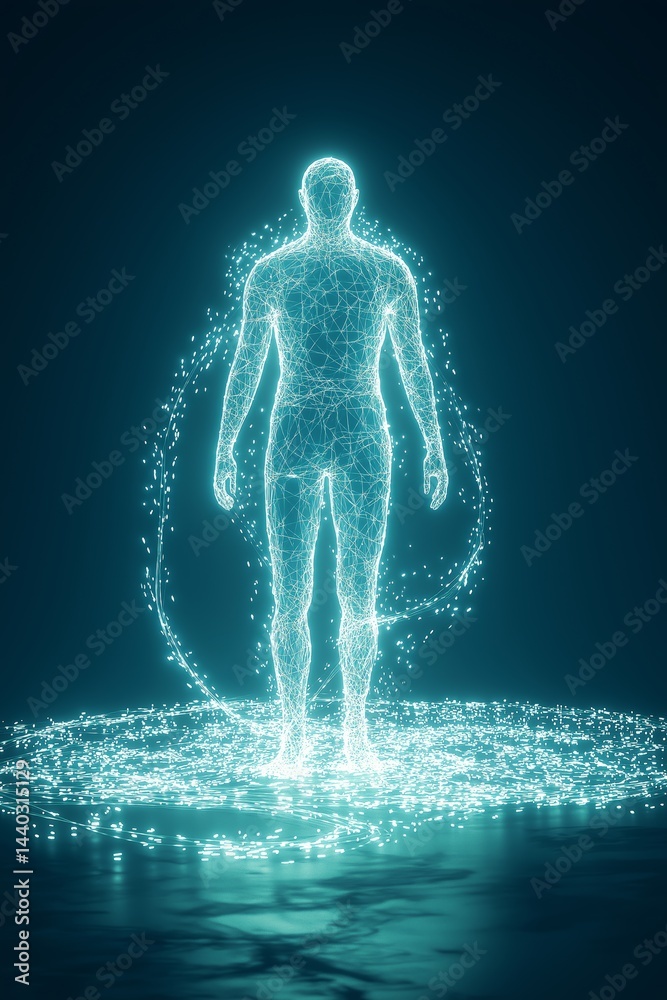 Poster Glowing digital human silhouette formed by particles and light representing futuristic technology, artificial intelligence and virtual data visualization, Generative AI