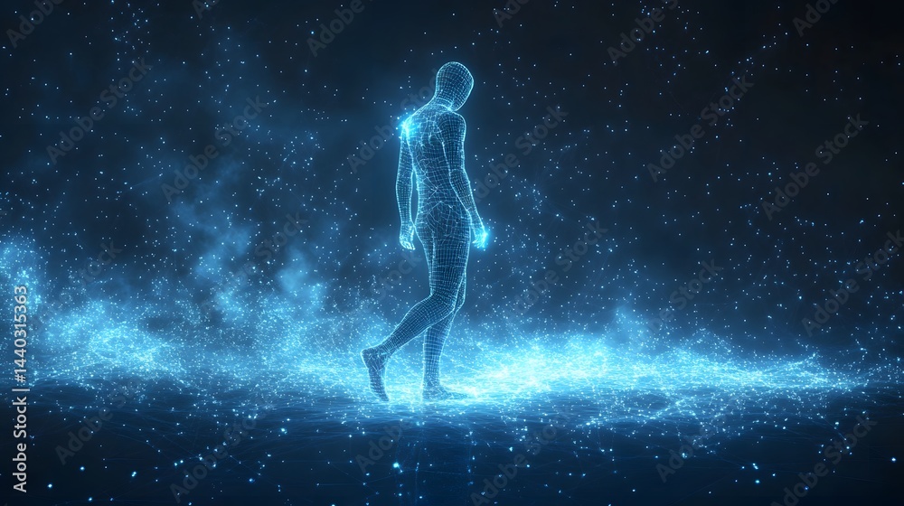 Aufkleber A wireframe human walks on a digital network under a starry sky. Digital connectivity and the human form merge in this visual metaphor, Abstract wireframe in dark blue.