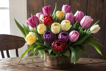 Bright and Colorful Tulip Arrangement in Rustic Wooden Vase with Lush Green Leaves on Vintage Table Background