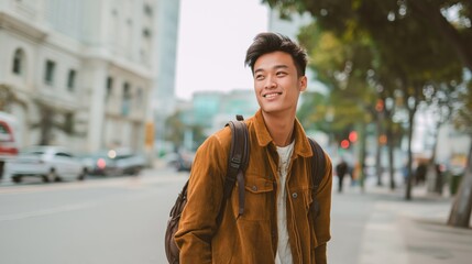 A young man wearing a brown jacket