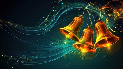 Three golden Christmas bells with glowing light trails and sparkles. Festive holiday background for cards, banners, and decorations.