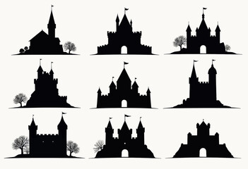Fototapeta premium Black Castle Silhouette Set with Trees on White