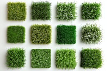 Top view of various grass square patches arranged as samples showcasing different lawn textures for landscaping and garden design ideas, Generative AI
