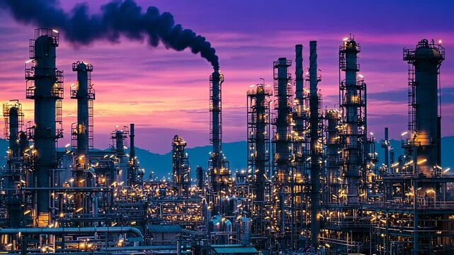 Industrial Landscape at Dusk with Smokestacks and Colorful Sky