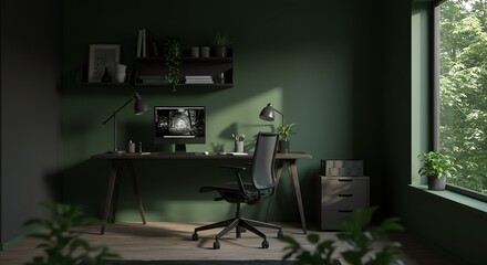 Dark Green Home Decor Home Office with Desk and Plants