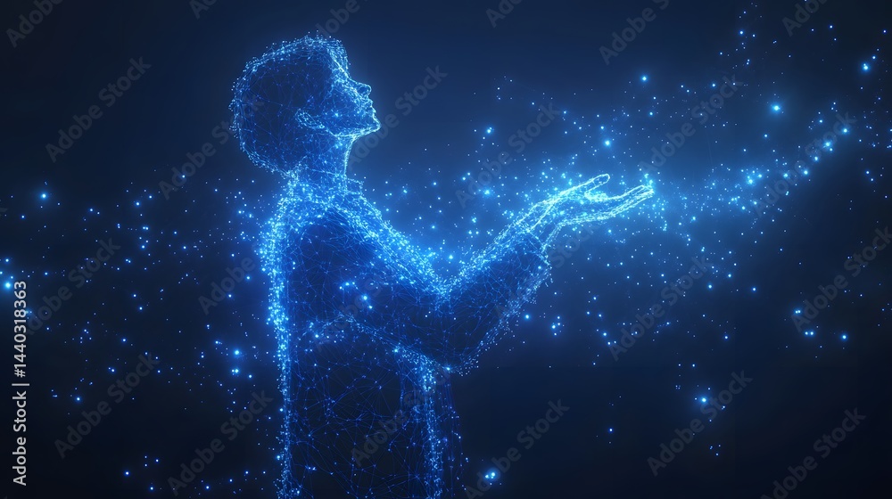 Fototapete futuristic figure outlined in glowing blue points against a dark, nebulous backdrop. hands extended,