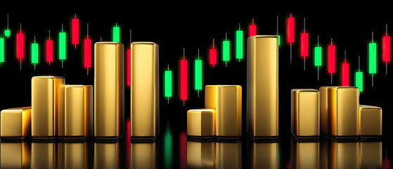 Obraz premium Illuminated gold bar chart with red and green candlestick trading graph black background showing financial growth and market