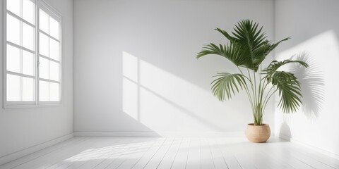 A vibrant green potted plant stands alone in a sunlit, empty room, its leaves reaching towards a large window, casting soft shadows on the floor.